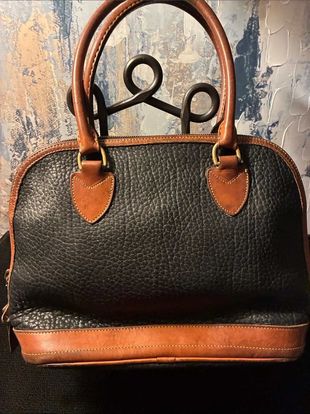 Vintage 1990s Dooney & Bourke Black with Brown Trim Pebbled Leather Satchel